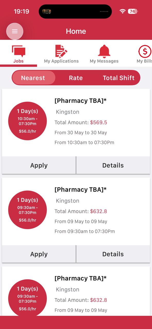ReliefClix pharmacist app showing open shifts