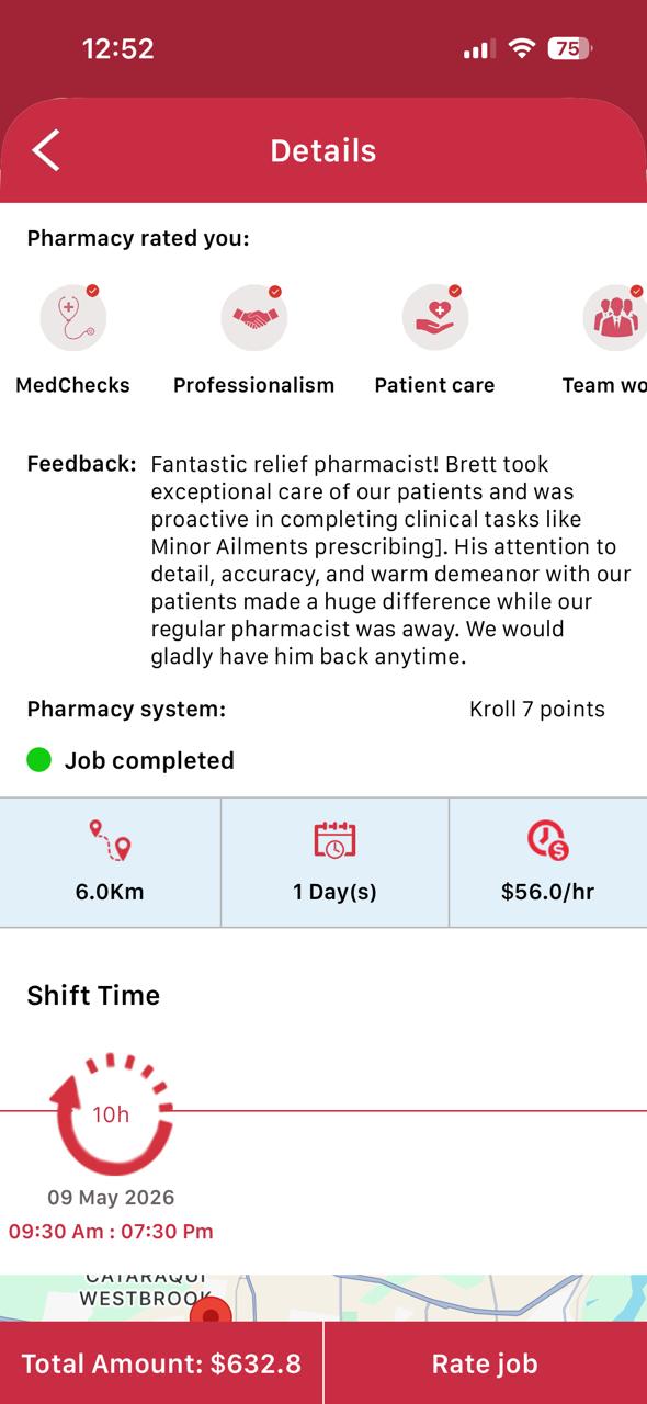 ReliefClix pharmacist shift details screen